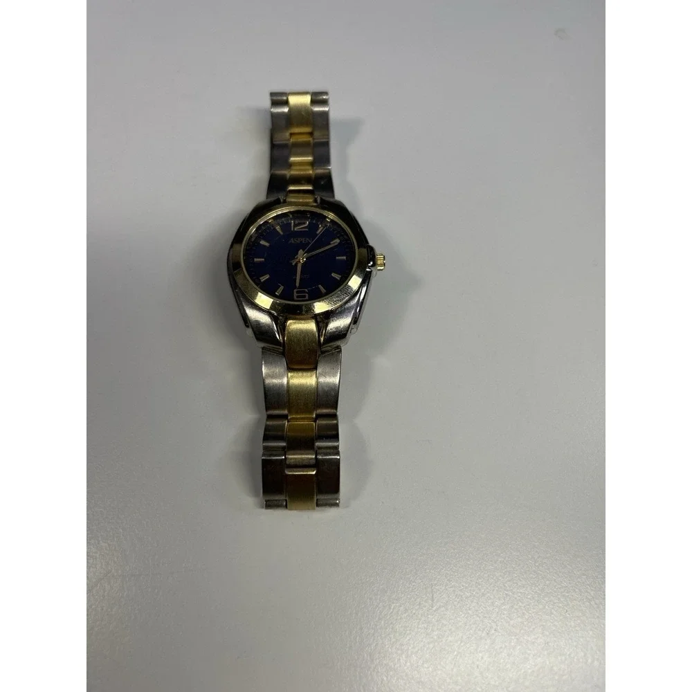 Aspen Two Tone Stainless Steel Quartz Watch Blue Dial Japan Movt Not Tested